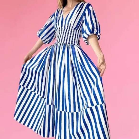 AYR Extra Extra Puff Sleeve Midi Dress in Marais Blue Regatta Stripe Women's L - Picture 2 of 4